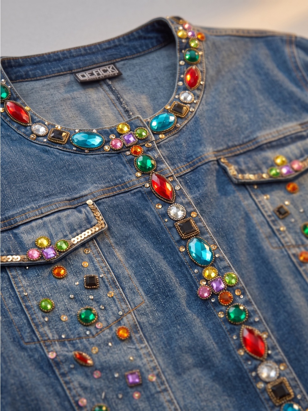 Vintage BEREK Embellished Denim Jacket – Multicolor Gems - Picture 5 of 10